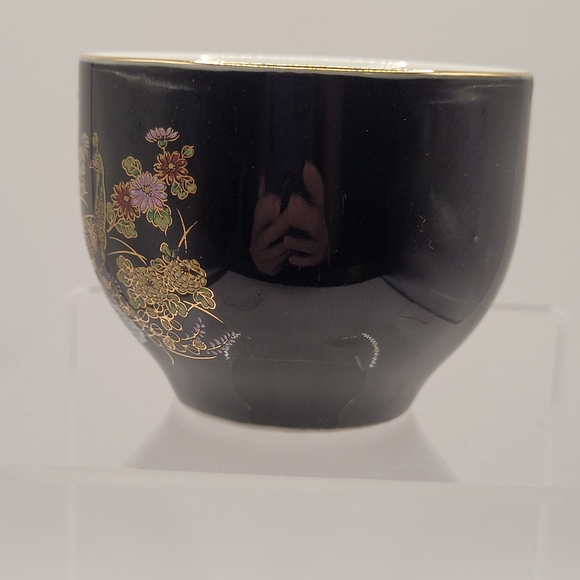 Vintage Japanese Sake Cup Black Gold Birds Floral - Picture 3 of 10